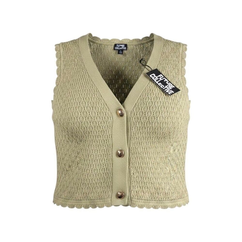 Future Collective Gold Button Front Pointelle Sweater Vest Sage Sz 2XL NWT